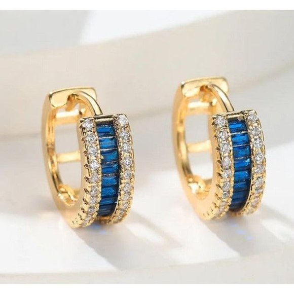 Jewelry - 14K Gold Womens 1ct Blue Sapphire Gemstone 2ct Diamond Huggie Hoop Earrings 14 K